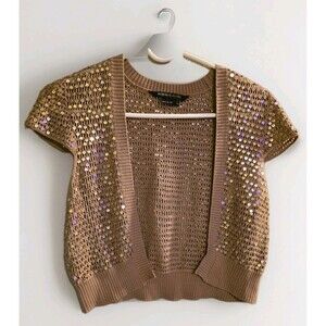 BCBGMAXAZRIA Women's 100% Silk Gold Knit Shrug With Gold Sequins Size M